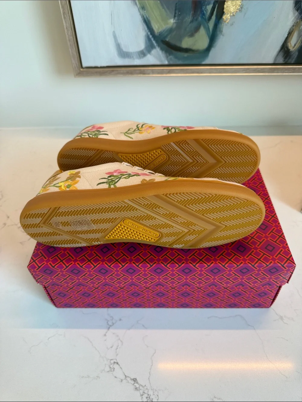 Tory Burch Cream Canvas Floral Embroidered Sneakers with Mustard Accents
